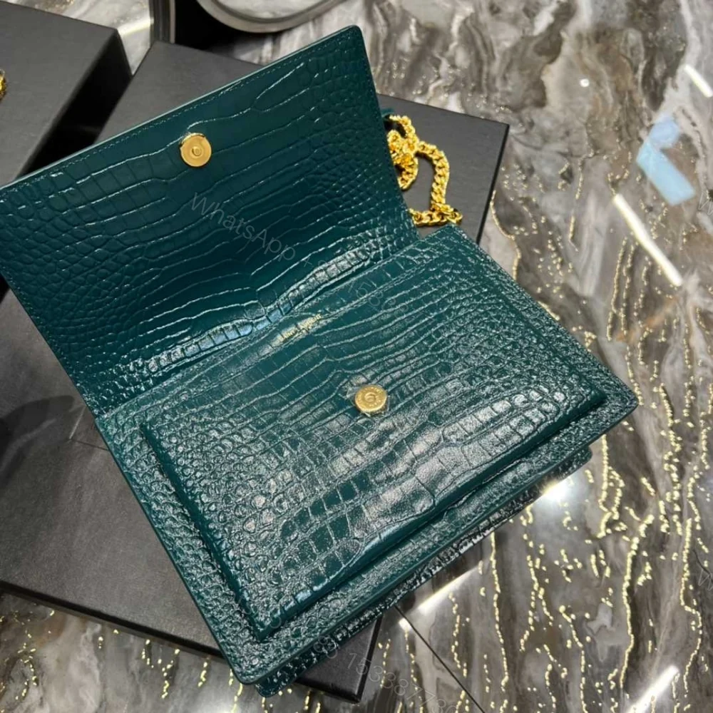View 7 of Saint Laurent Sunset Medium Chain Bag In Crocodile-Embossed Shiny Mint 22Cm 442906DND0J3144