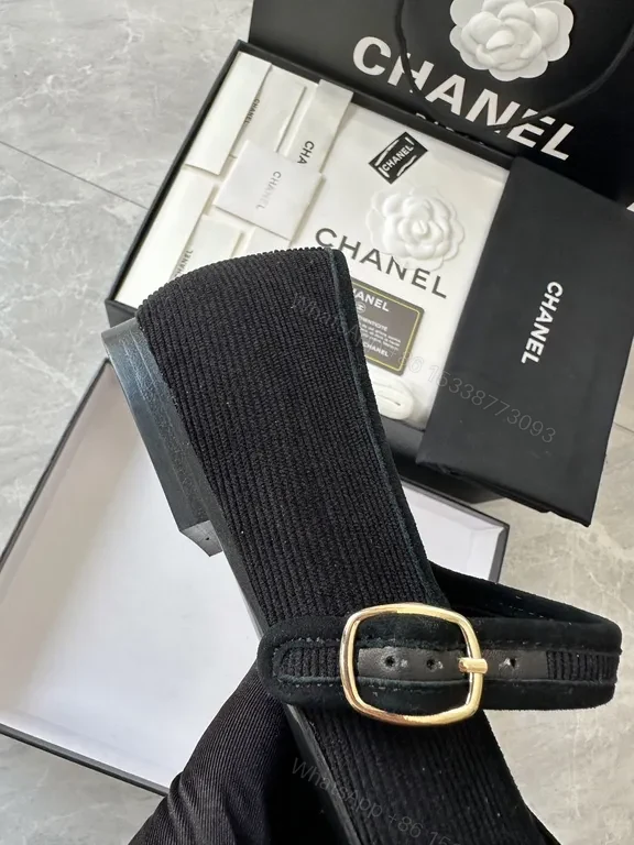 View 4 of Chanel-Inspired Black Knit Ballet Flats with Crest