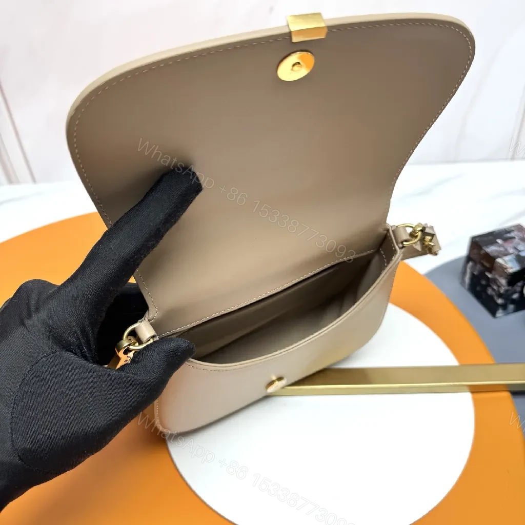 View 6 of Beige Leather-Style Shoulder Bag with Gold Hardware