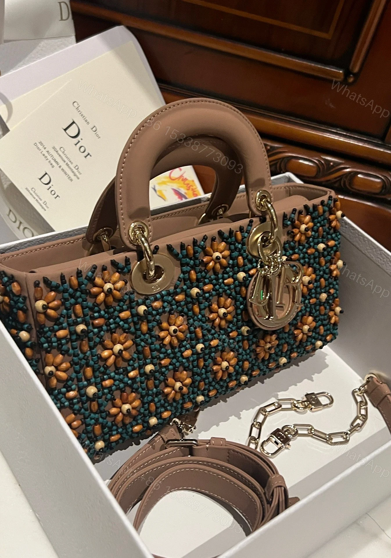 View 7 of Dior D-Joy Medium Handbag With Beaded Pattern Like Auth 26cm