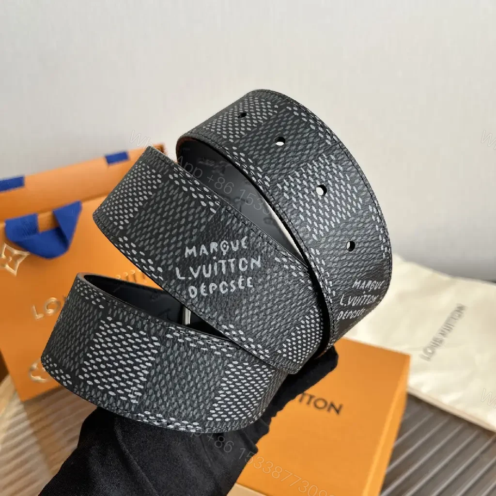 View 7 of Black & Gray Belt with LV Buckle - Modern Geometric Monogram Strap