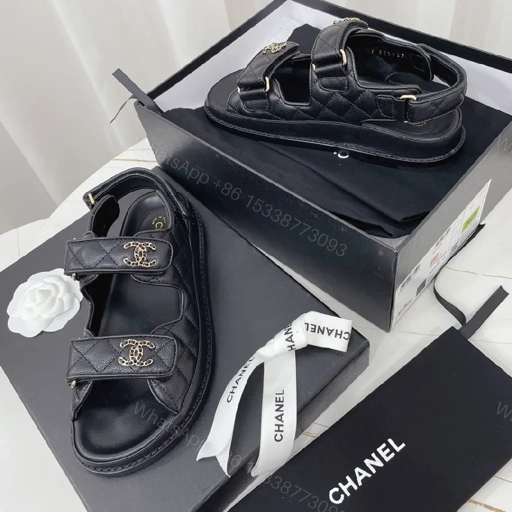 View 5 of Black Leather Sandals with Quilted Detail, Velcro Straps, Cushioned Comfort