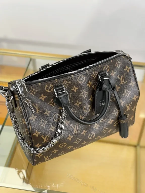 View 7 of Monogram Lux Satchel: Chain Detail Leather Trim Bag
