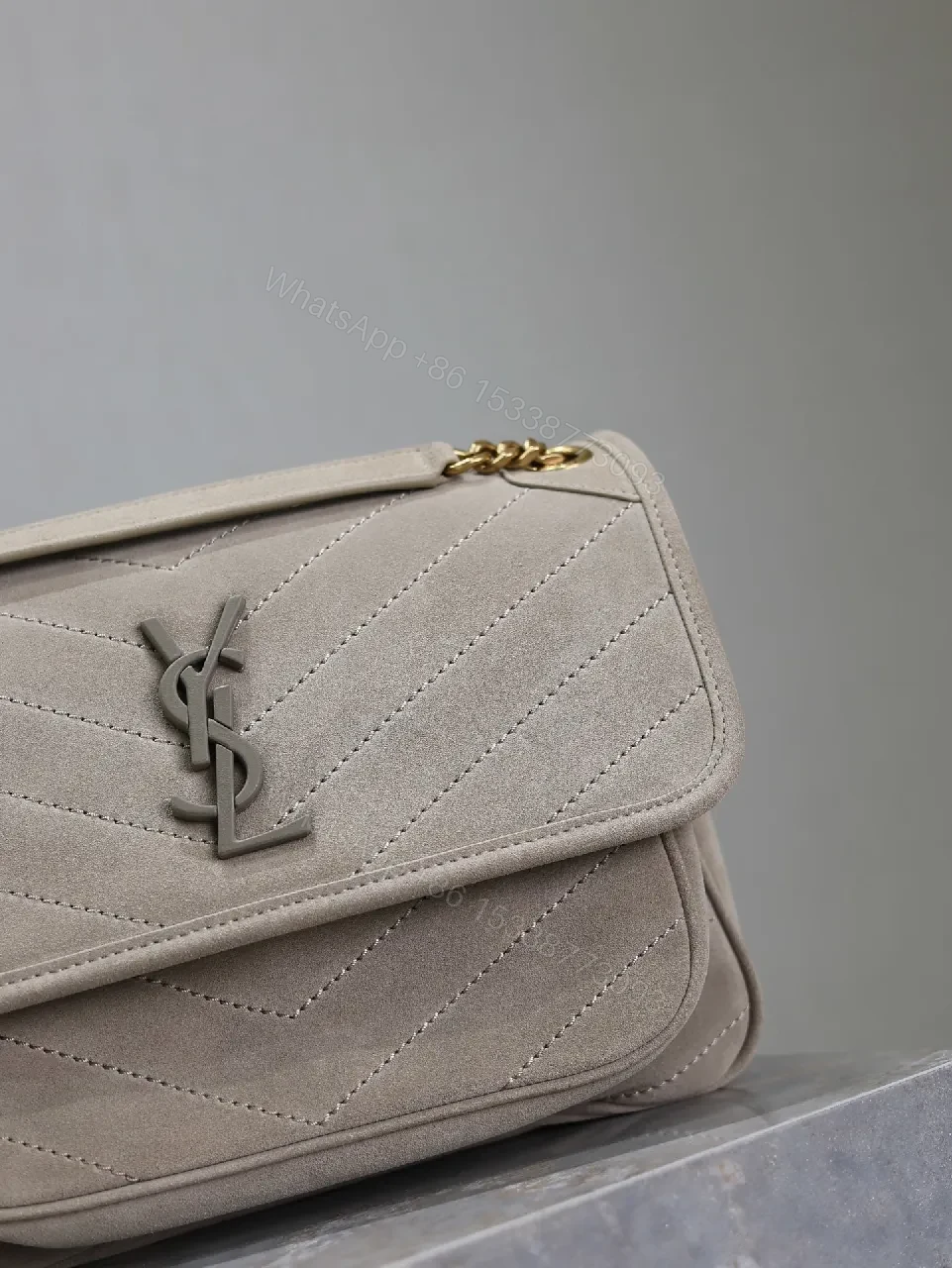 View 9 of Taupe Quilted Crossbody Bag - Suede-Feel, Chevron + Icon Hardware