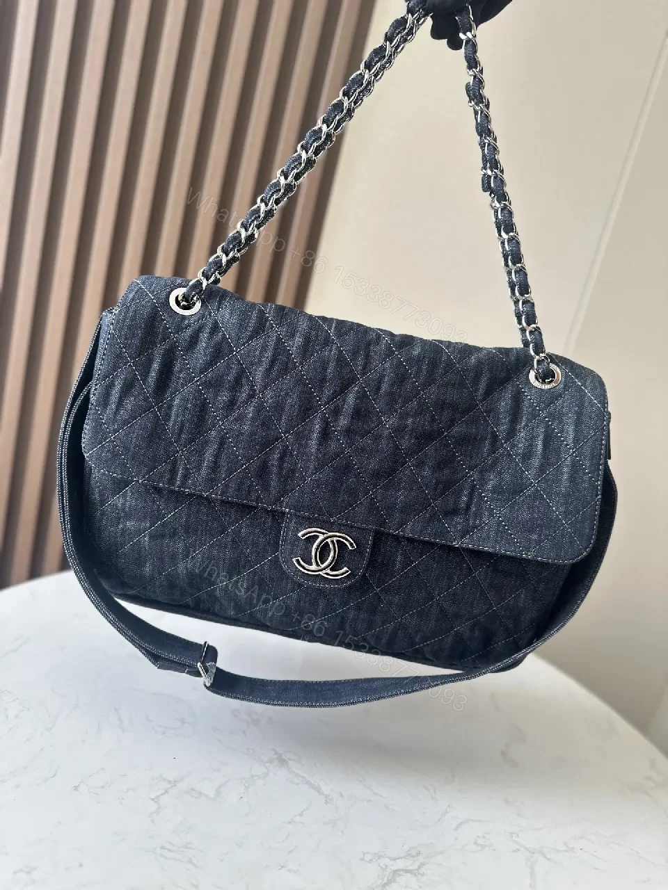 Denim-Textured Quilted Bag with Chain-Detail Handle — view 1