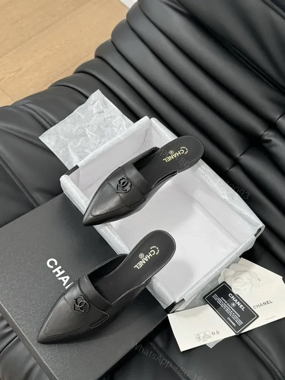 View 5 of Chic Black Leather Mules with CC Detail - Luxury Comfort