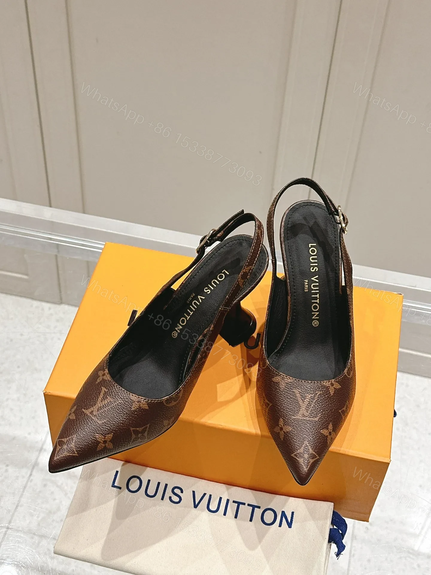 View 5 of LV Women Brown Leather Patterned Slingback Heels