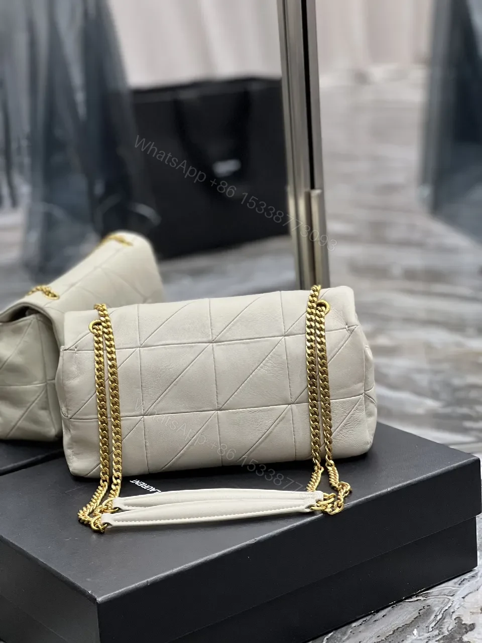 View 3 of Quilted Neutral Crossbody Bag — Gold Chain, Subtle Luxe