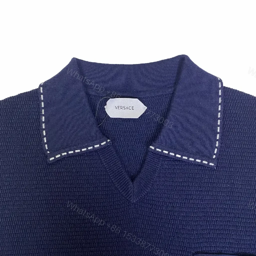 View 9 of Navy Knit Polo: V-Neck, Textured Grid, Pocket Detail, Versace Button