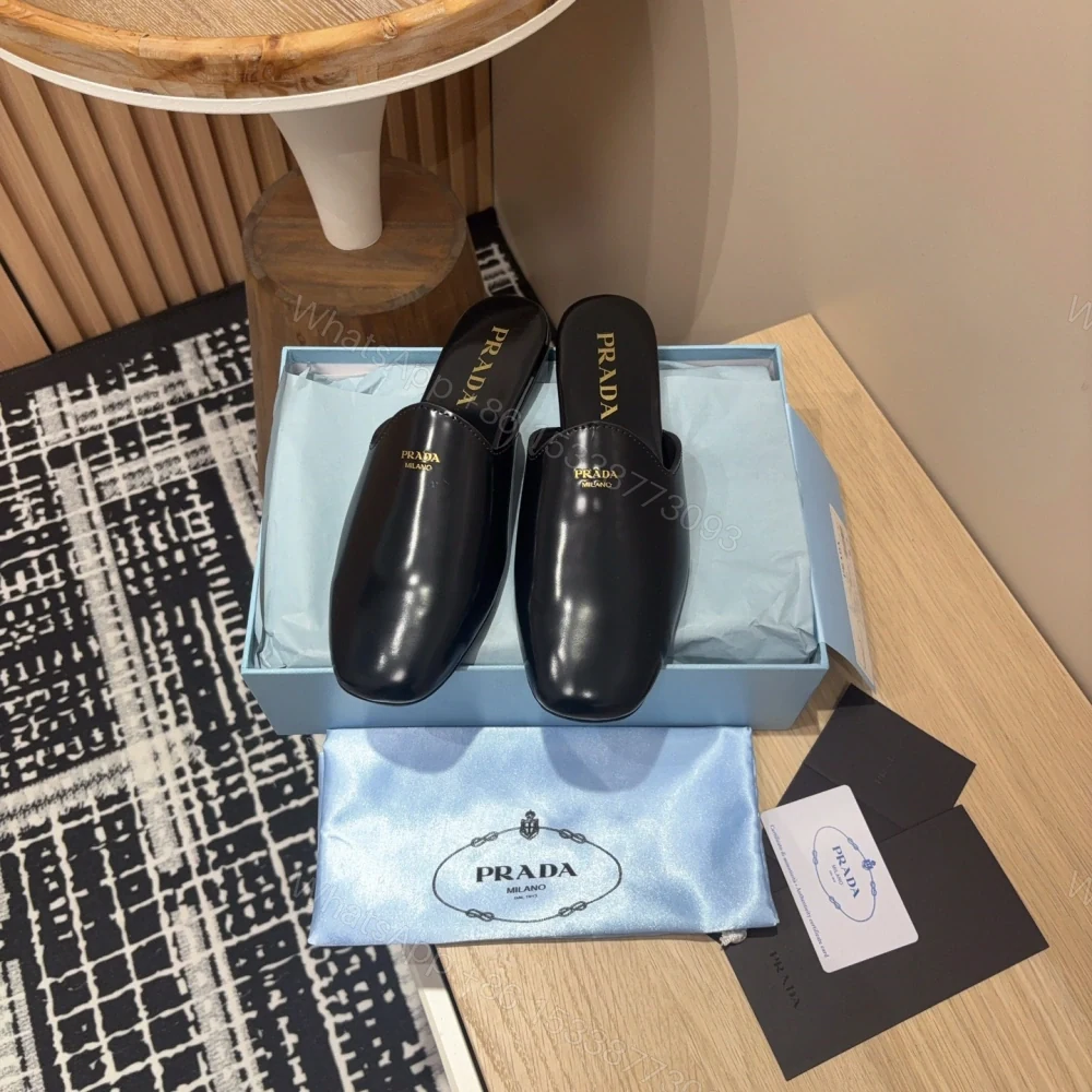 View 8 of 高仿Prada*2S2987圓頭皮質休閒套腳拖鞋黑色免檢版