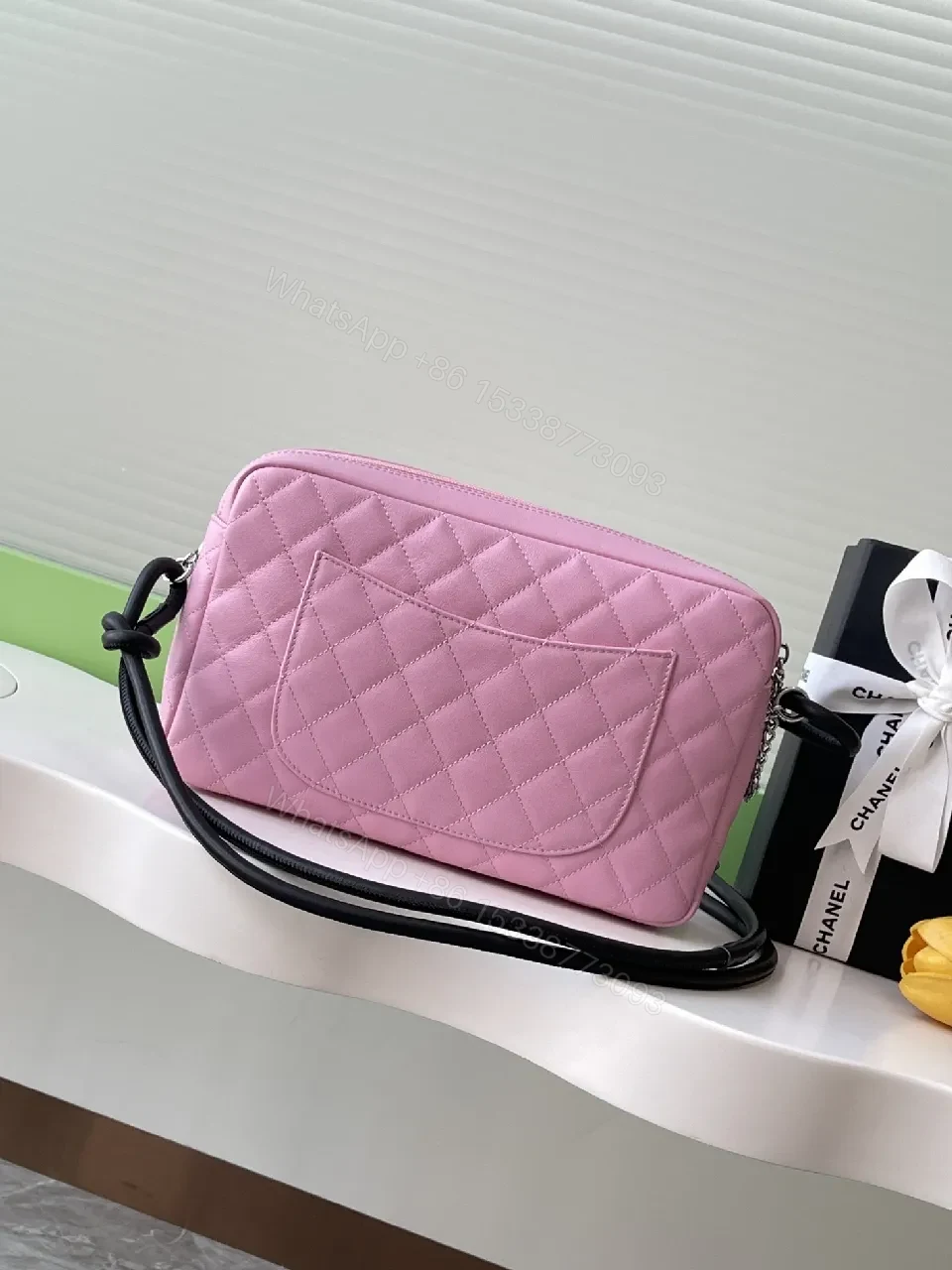 View 7 of Pink Quilted Handbag with Logo Hardware, Compact Classic Style