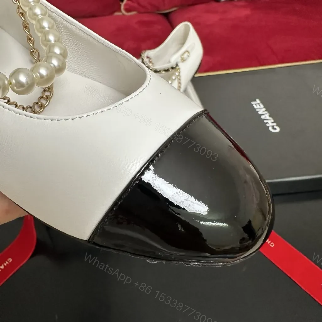 View 7 of White Leather Ankle Boots with Pearl Chain Detail, Black Toe Cap