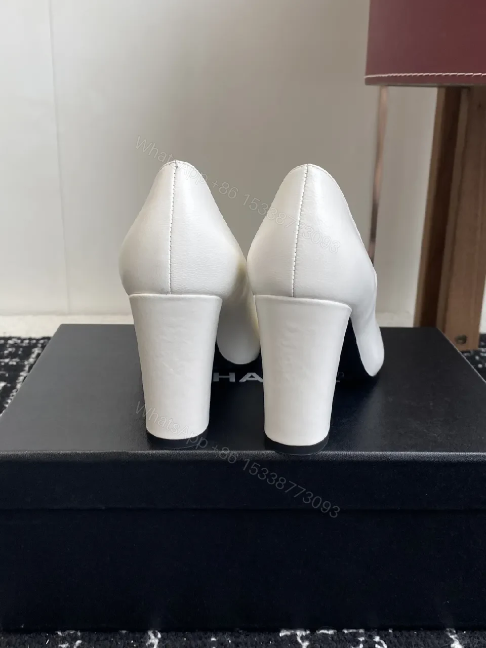 View 2 of White Leather Block-Heel Pumps with Gold Crest Accent