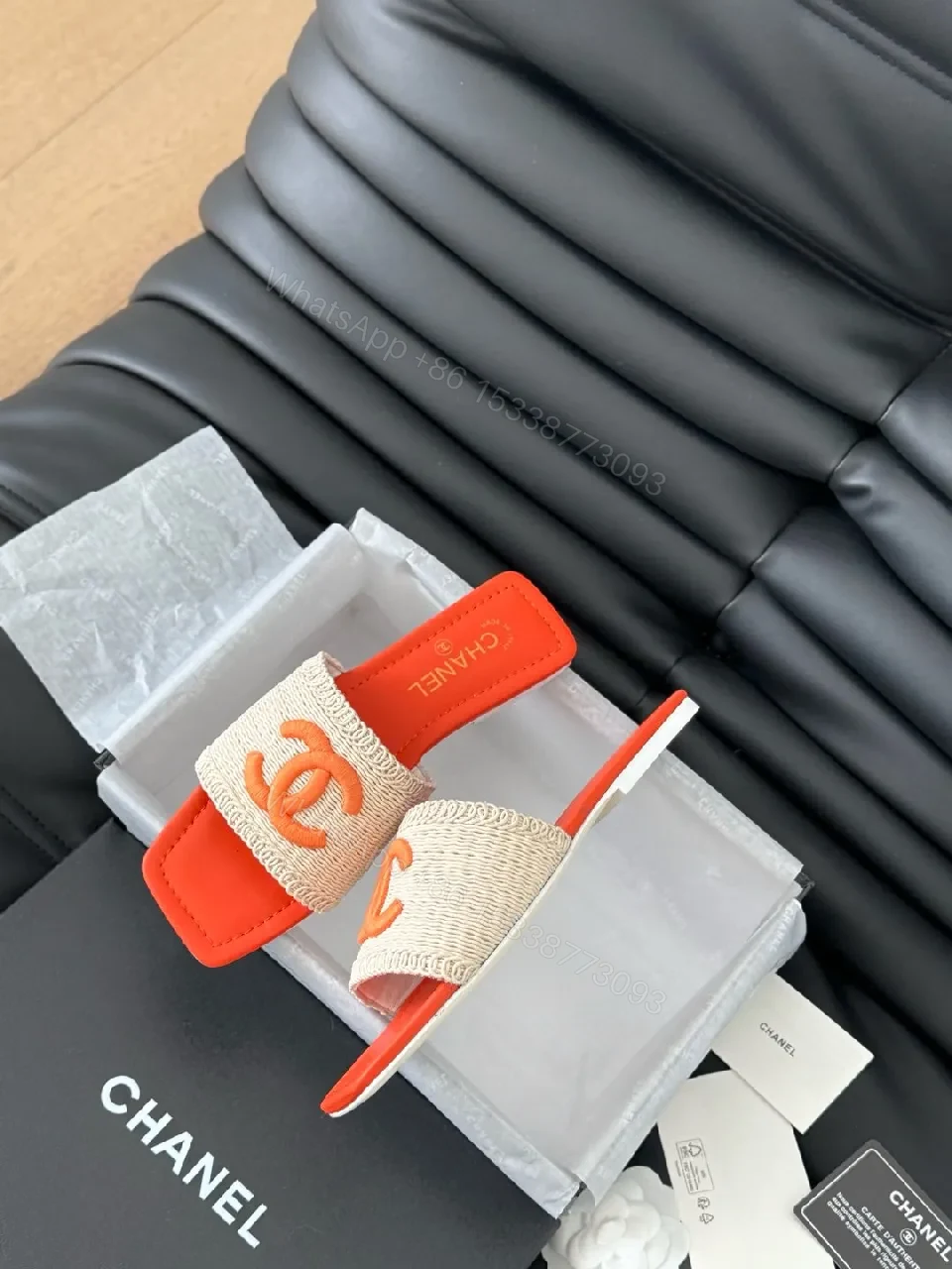 View 2 of Bold Orange-Blocked Chanel-Inspired Slide Sandals
