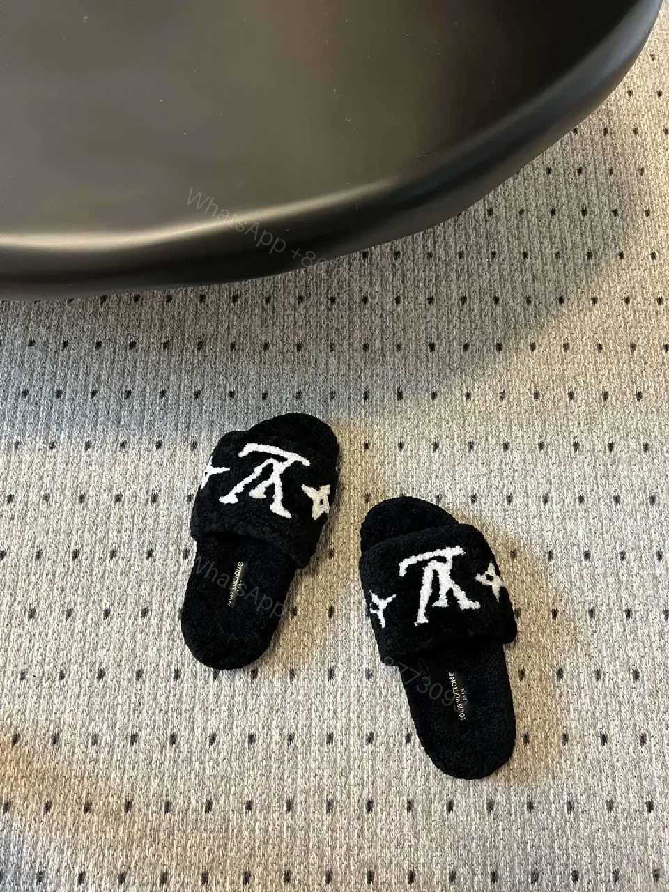 View 3 of Chunky Black Fleece Slides + Monogram Luxe + Open-Back + Plush Comfort + Sliders