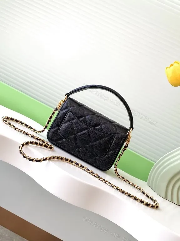 View 2 of Chic Quilted Mini Bag: Black Leather, Gold Accent, Structured Crossbody