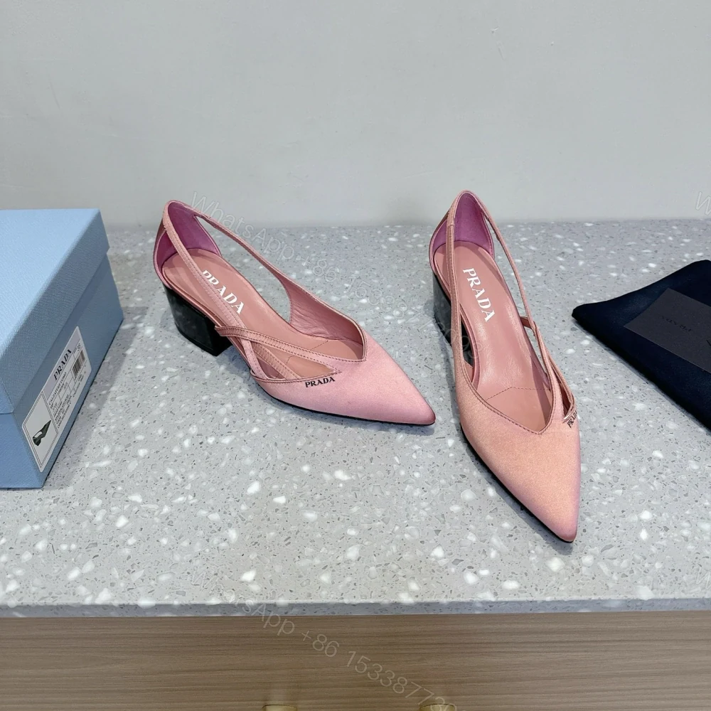 View 2 of 高仿Prada*1I747A尖頭粗跟高踭鞋5.5CM緞面粉色免檢版
