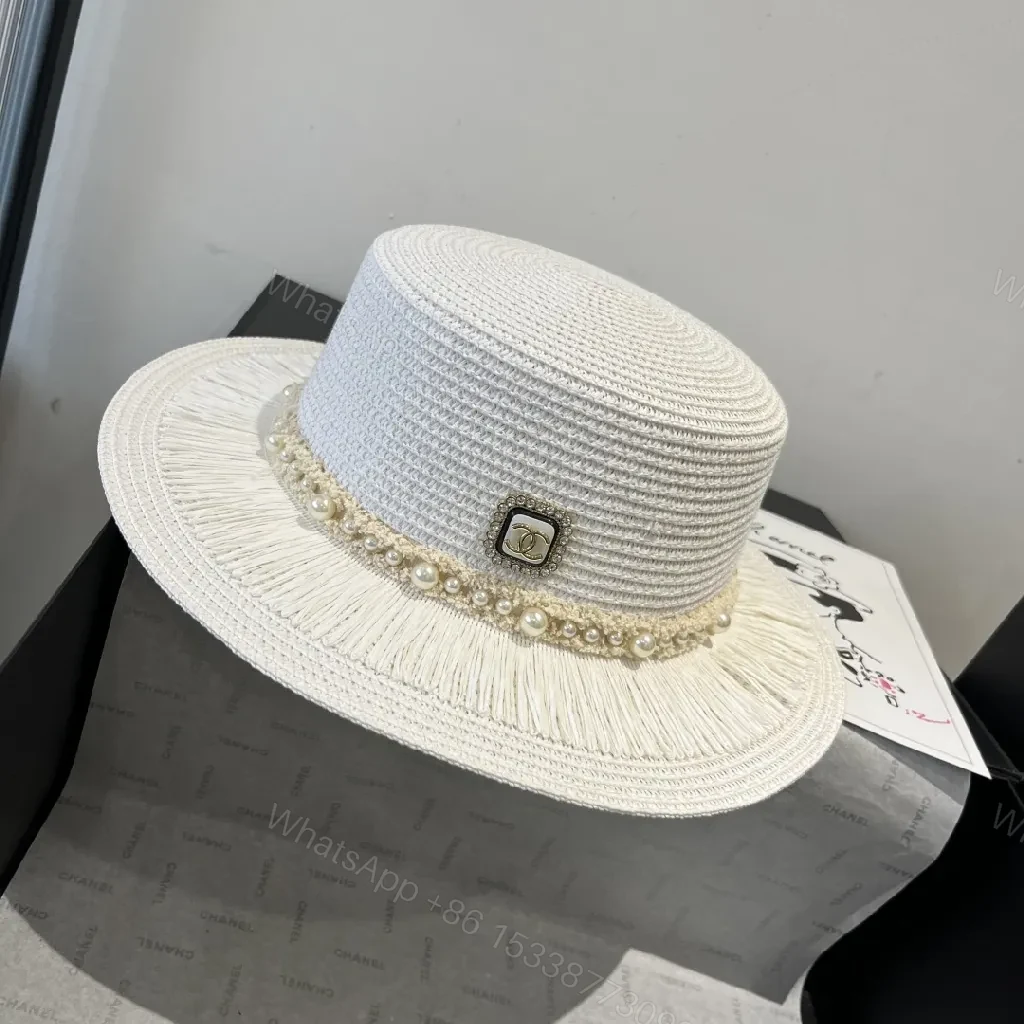 View 2 of Pearl-Trim Straw Hat: Luxe Chic, Effortless Style, Wide Brim