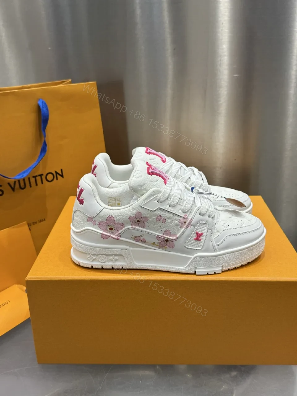 View 8 of White Leather Low-Top Trainer with Pink Embroidery Detail