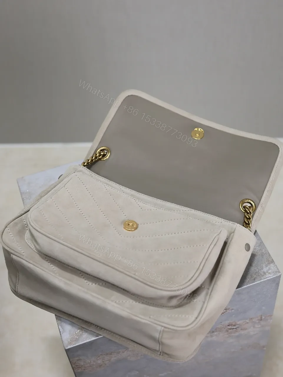 View 5 of Taupe Quilted Crossbody Bag - Suede-Feel, Chevron + Icon Hardware