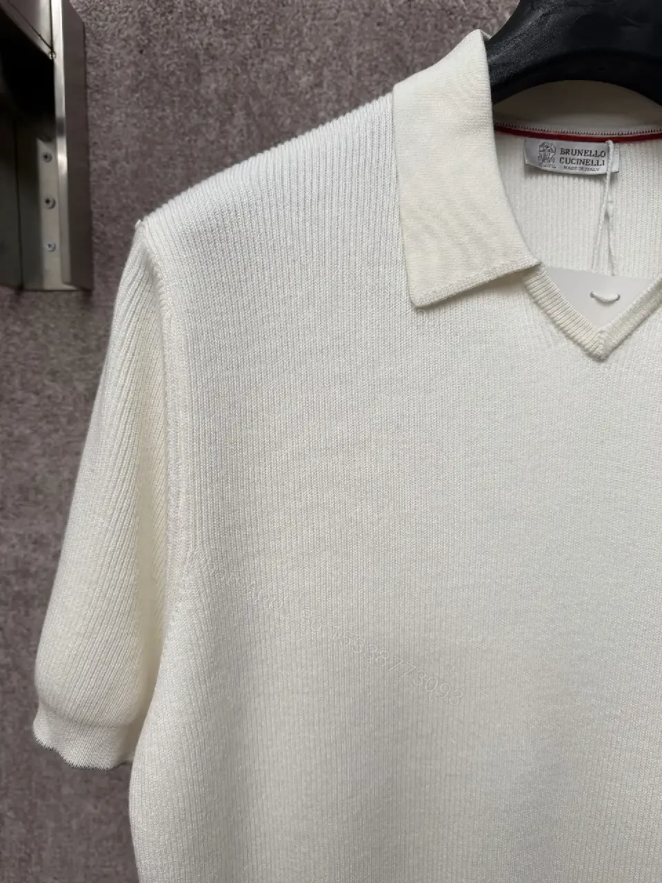 View 11 of Off-White Cream Ribbed Knit Polo Sweater, Short Sleeve, Drop-Shoulder