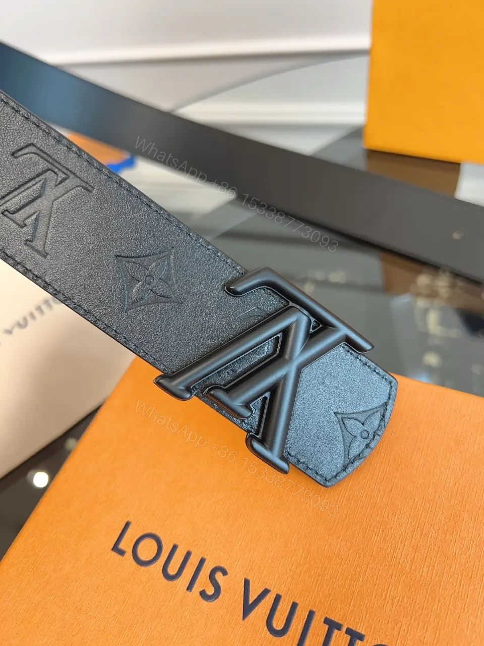 View 3 of Black Monogram Belt: Signature Buckle, Full-Grain Leather