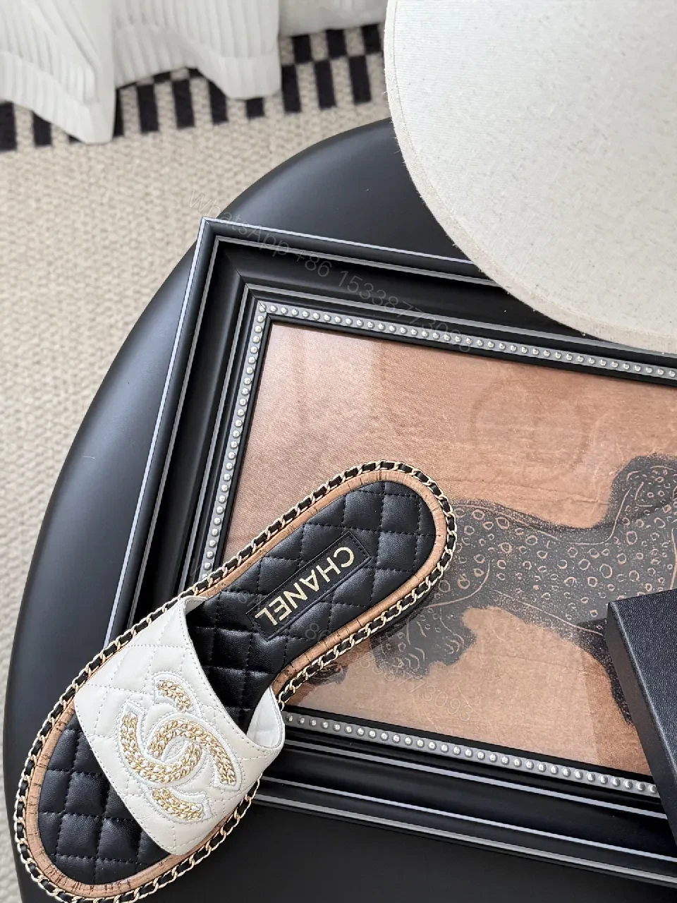 View 8 of Elegant Quilted Slide Sandals with Chain Trim
