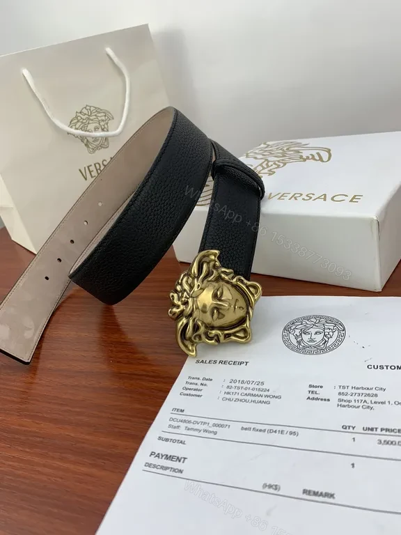 View 7 of Medusa Buckle Leather Belt - Luxury Gold Accent, Versace-inspired Style