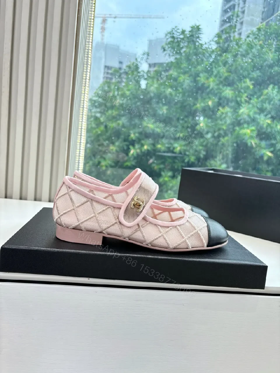 View 2 of Pink Quilted Mary-Jane Flats with Black Cap Toe