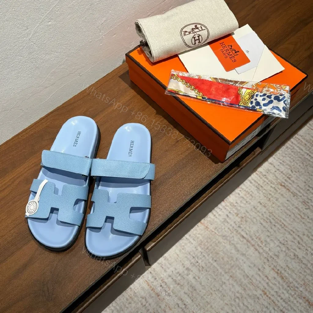 View 6 of Light-Tide Blue Leather Slide Sandals, Modern Cutout Comfort