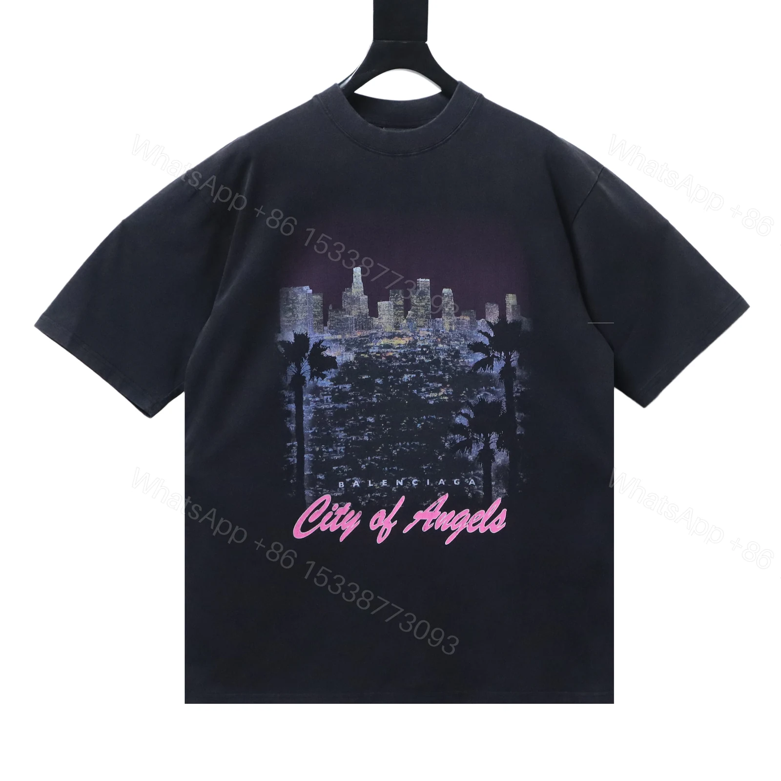 View 9 of Balenciaga Clothes Vintage Washed Short Sleeve T-shirt with Los Angeles Night Cityscape Print