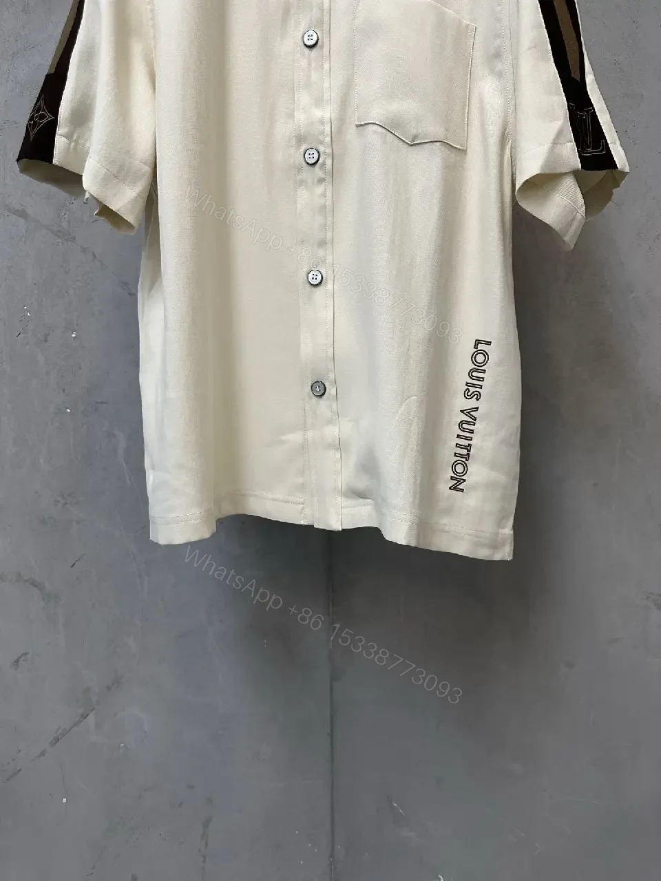 View 2 of White Cotton Polo Shirt with Black Accent Louis Vuitton Style Key Feature Pocket Short Sleeve Shirt