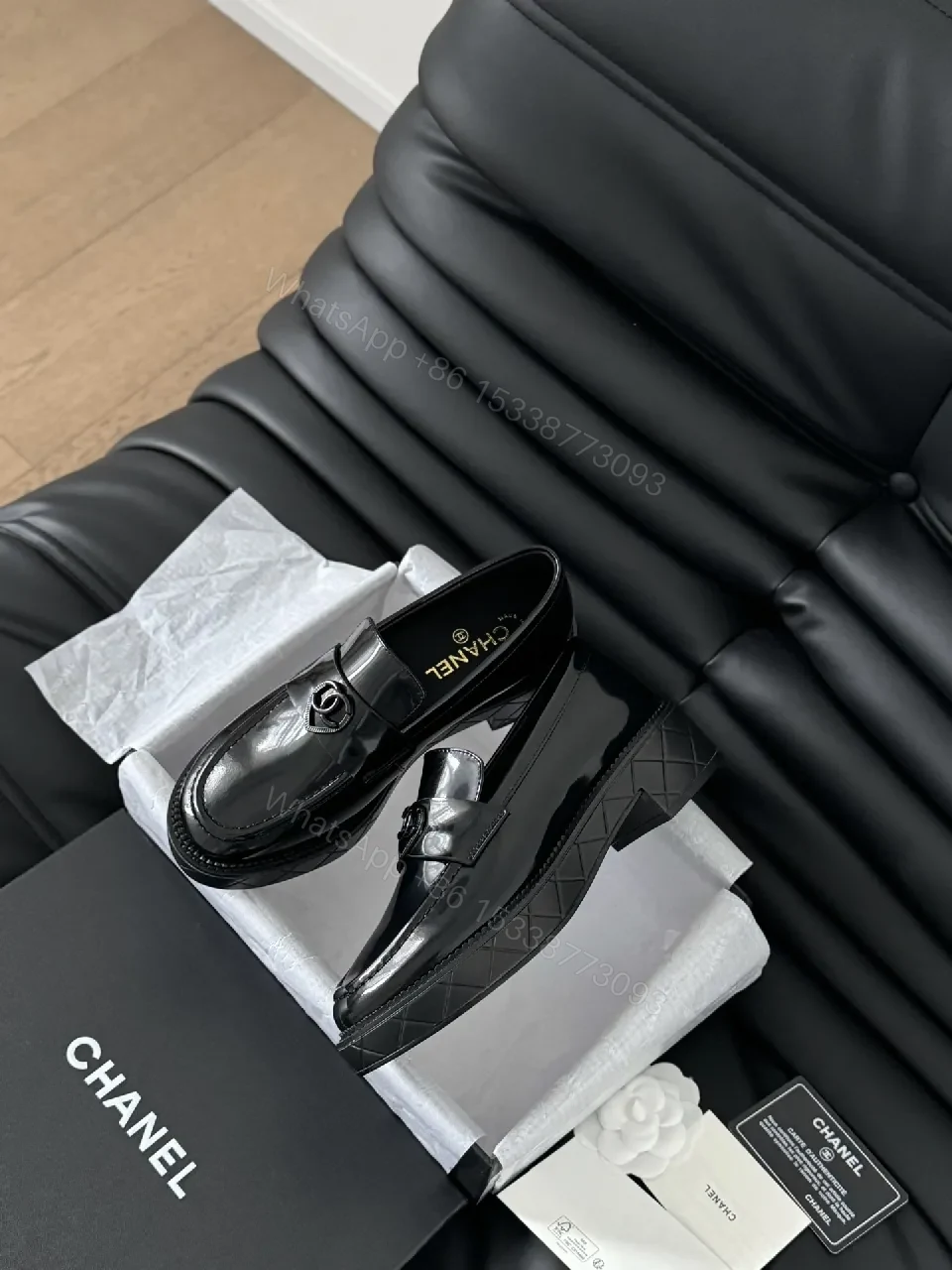 View 3 of Black Patent Leather Loafers | Classic Style, Subtle Double-C Hardware, All-Day Comfort