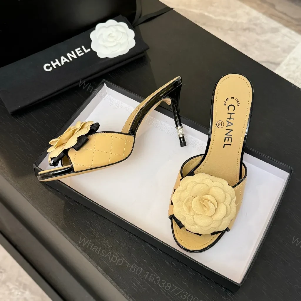 View 2 of Beige Quilted Leather Mules: Camellia, Sculpted Heel, Open-Toe