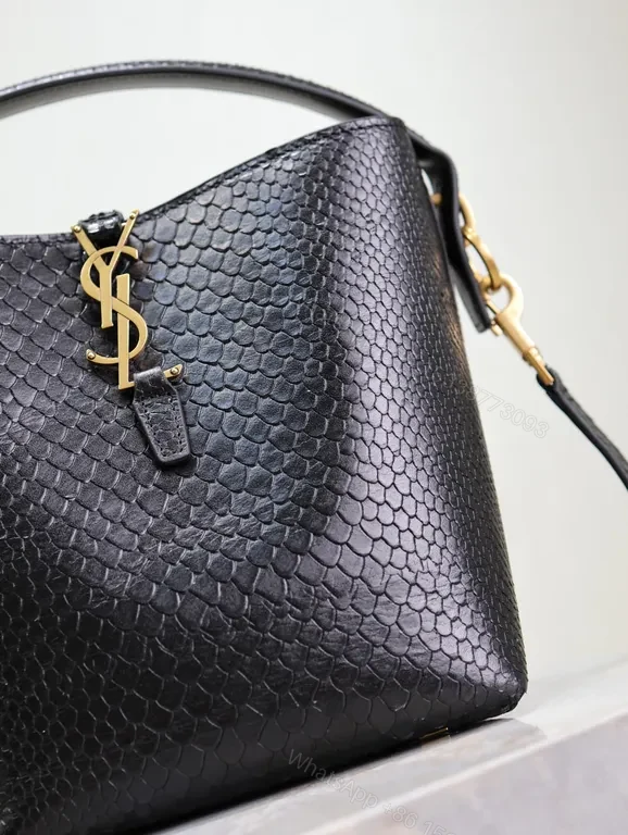 View 5 of Chic Black Snakeskin Bucket Bag with Gold Hardware - Luxury