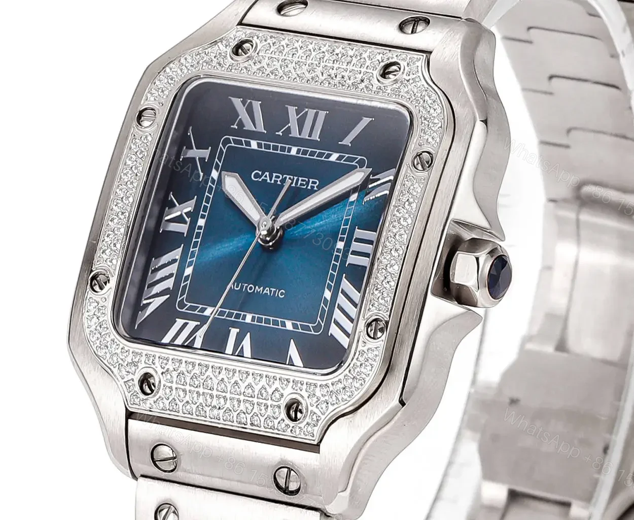View 3 of Cartier super clone Santos Blue Dial Steel Bracelet Premium 39.8MM RG-CARTIER-SANTOS-BLU-STL-398