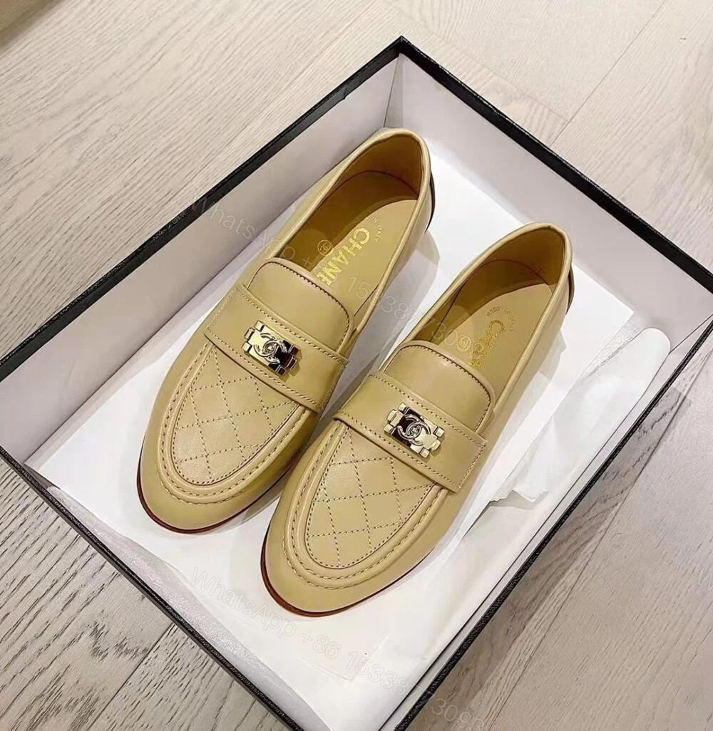 View 3 of Chanel 20B Quilted Boy Lego Metal Logo Gold Mule Slip On Flat Loafers Beige