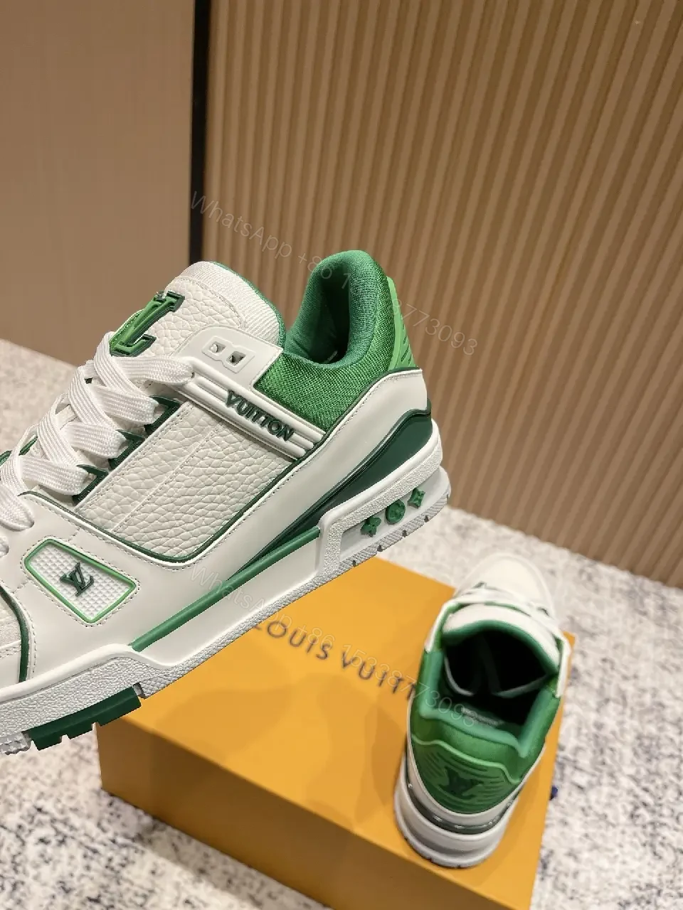 View 7 of White Leather Sneakers with Green Accents: Luxury Everyday Streetwear