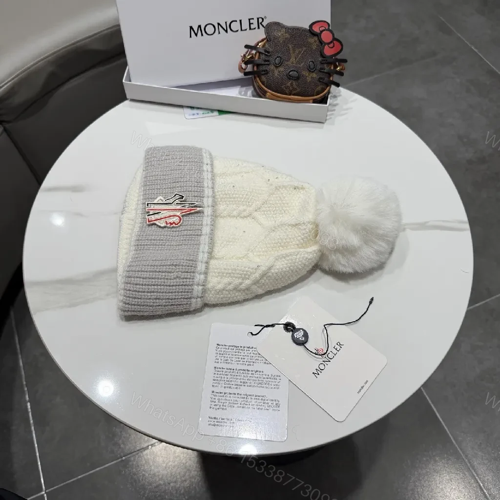 View 4 of Chic Winter Knit Beanie with Plush Pom and Moncler Accent