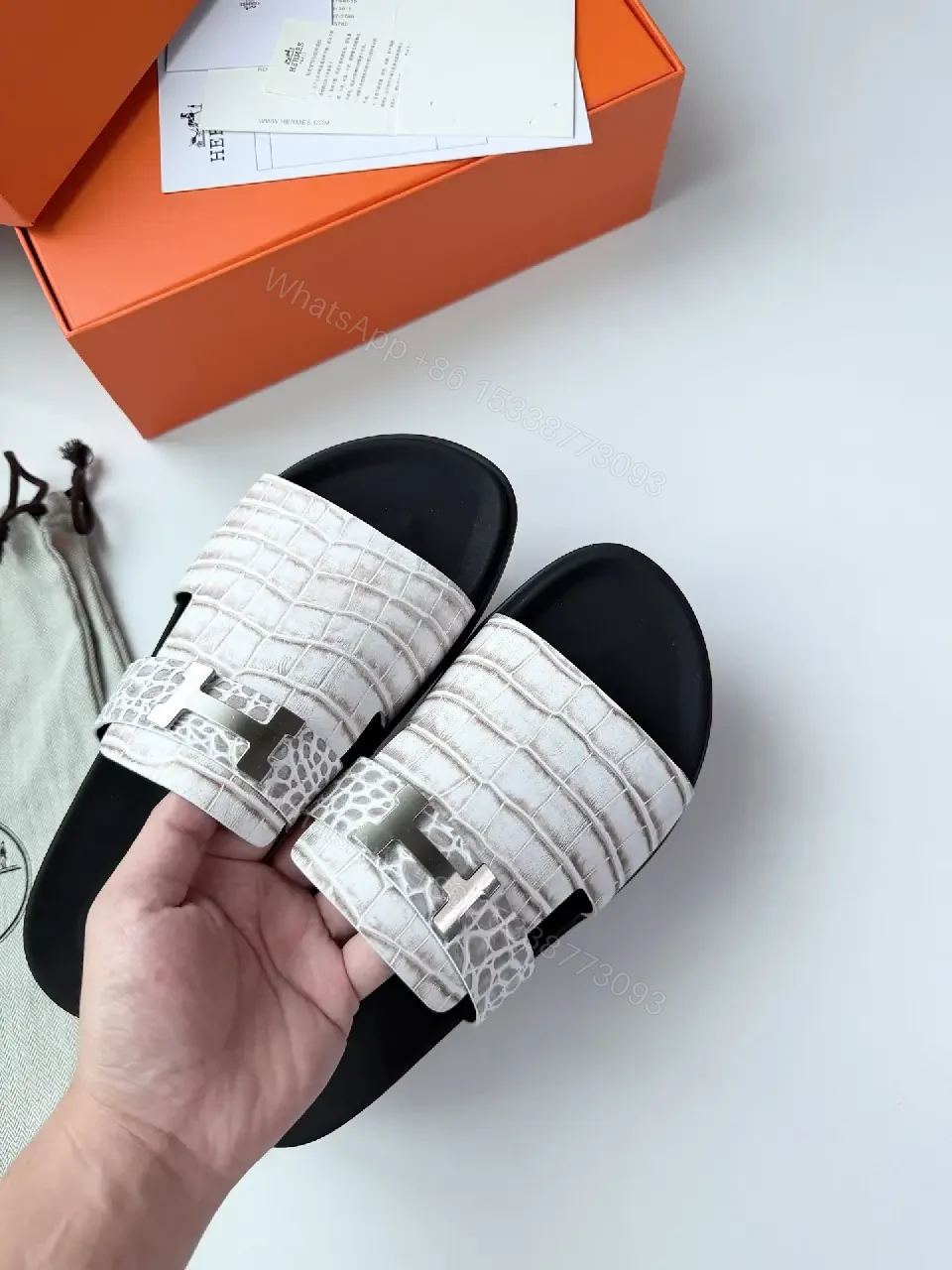 View 5 of White Crocodile-Texture Leather Slides Hermes Style Belt Sandals