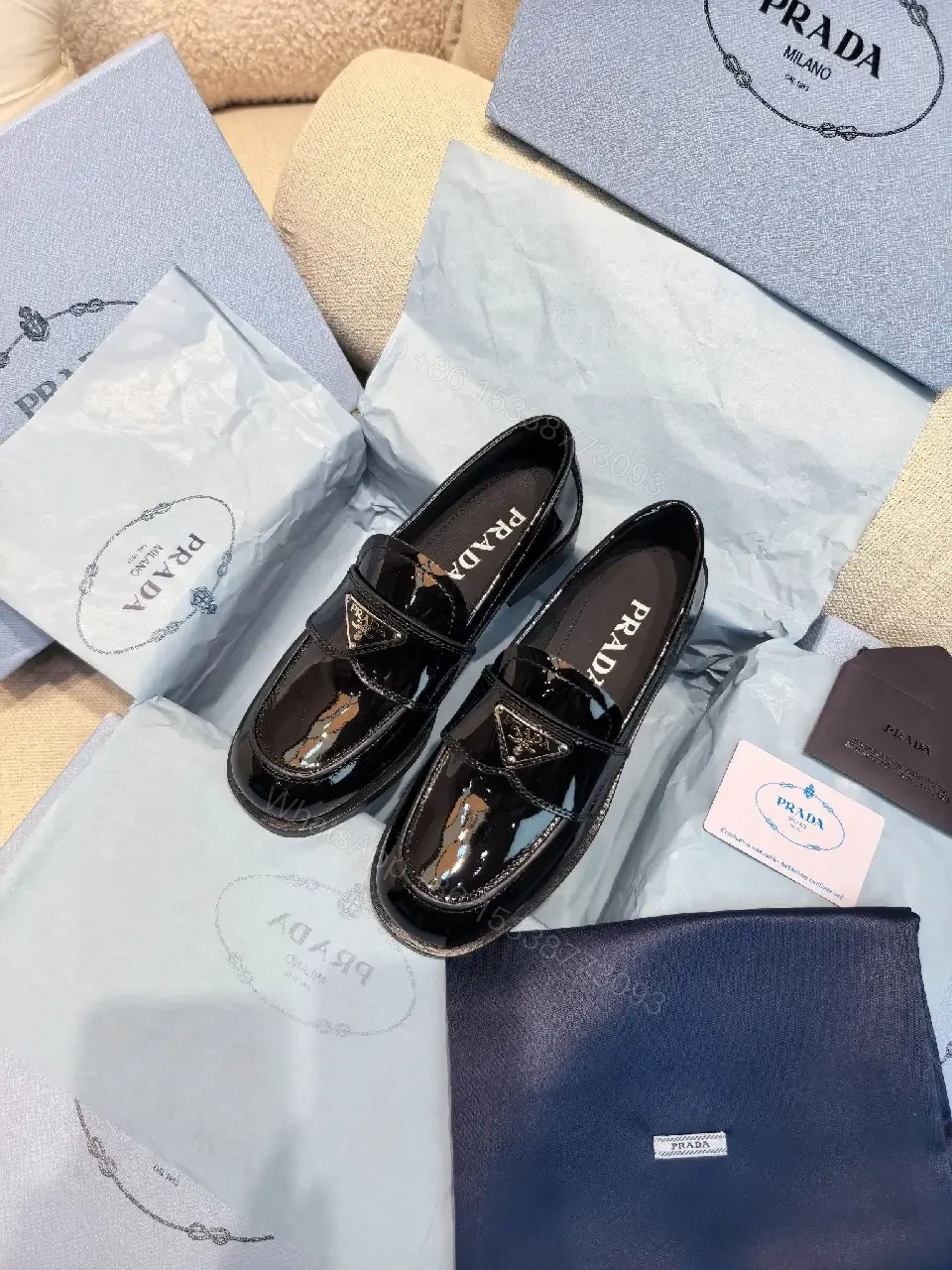 View 5 of Black Patent Leather Loafers Prada Style Feature: Logo Detail Shoe Type: Loafers
