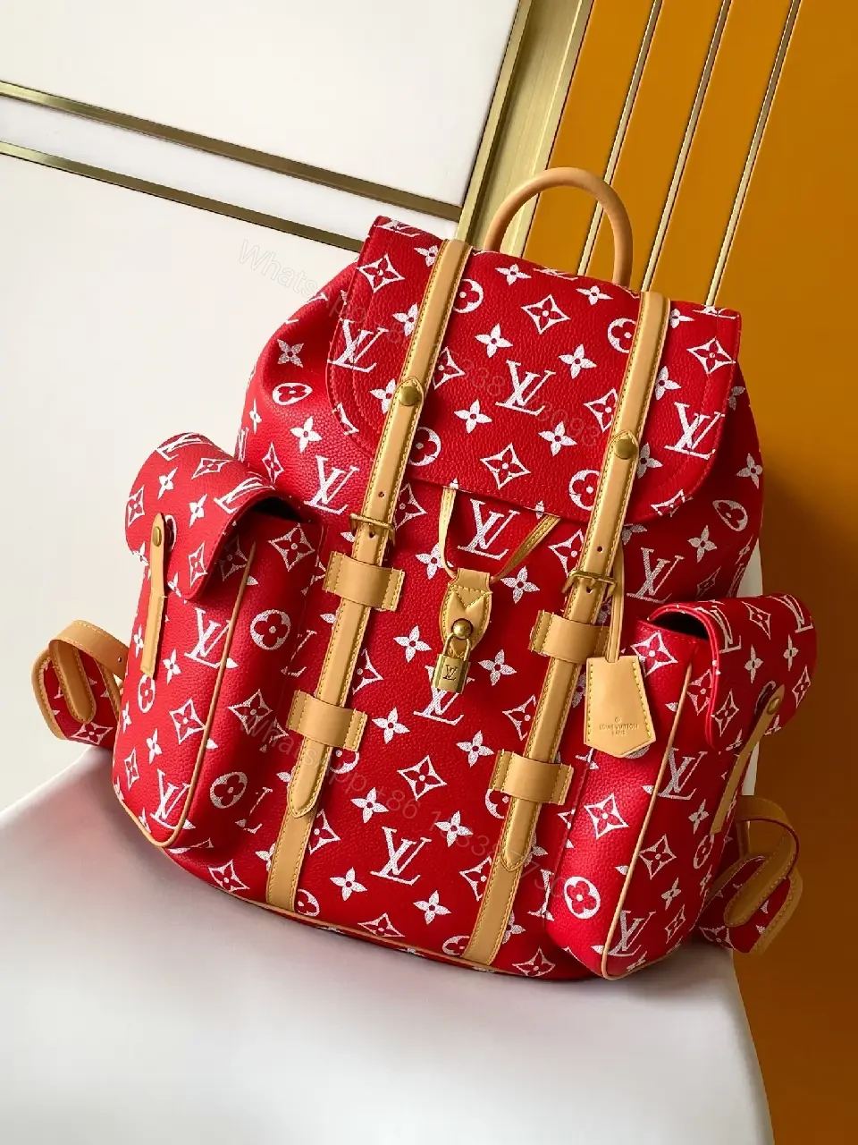 View 7 of Red Knit Luxury Backpack: Monogram Gold Hardware Backpack