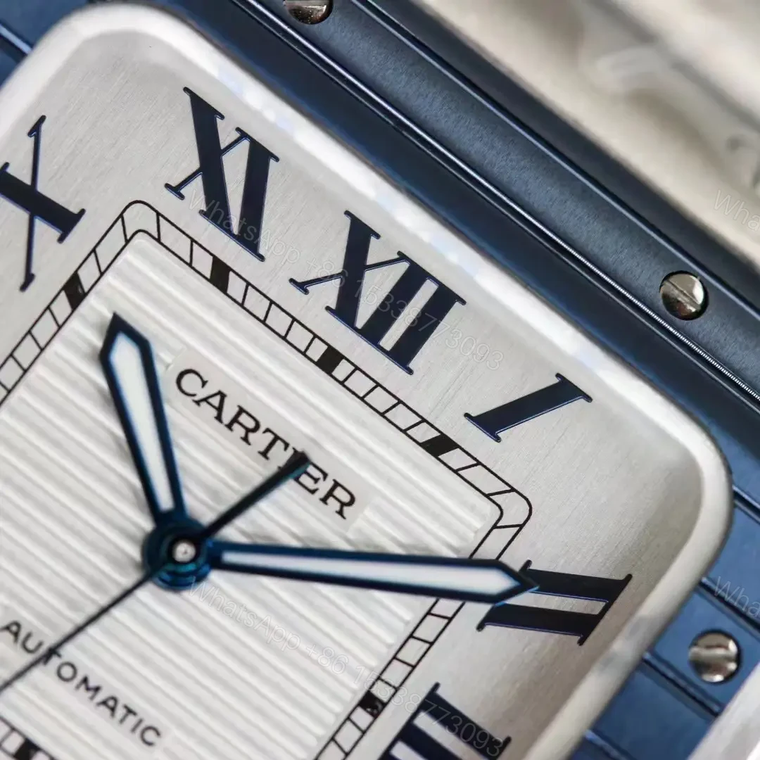 View 5 of Cartier super clone Santos Blue Bezel White Dial Steel Bracelet 40MM Premium RG-CARTIER-SANTOS-BLU-BEZ-WHT-STL-40