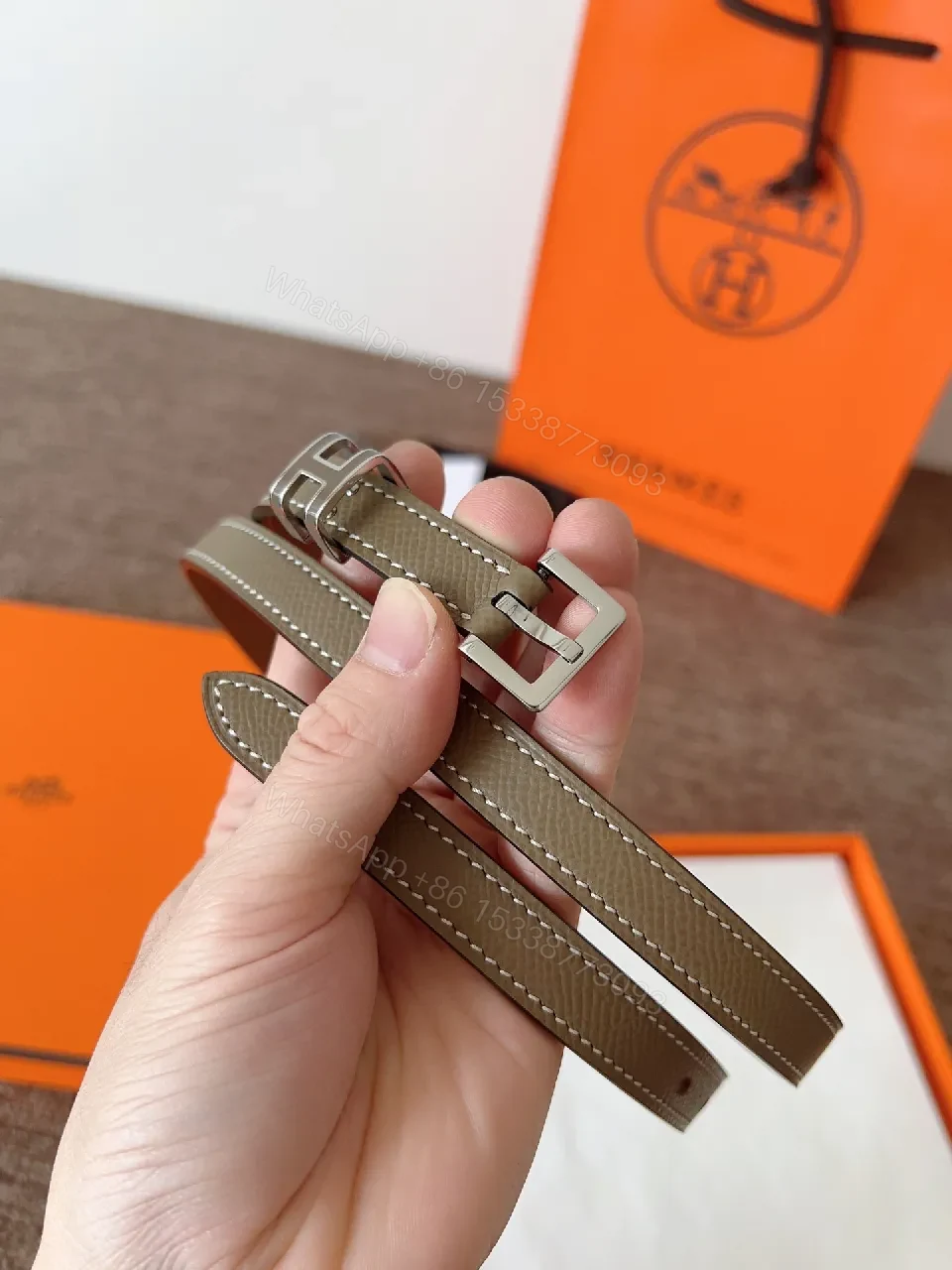 View 4 of Taupe Leather Belt - Slim, Minimalist, Durable, Quiet Luxury Belt