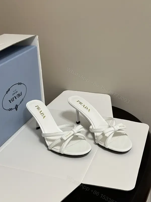 White Leather Sandals Shoes with Knot Straps - Prada Style Heels — view 1