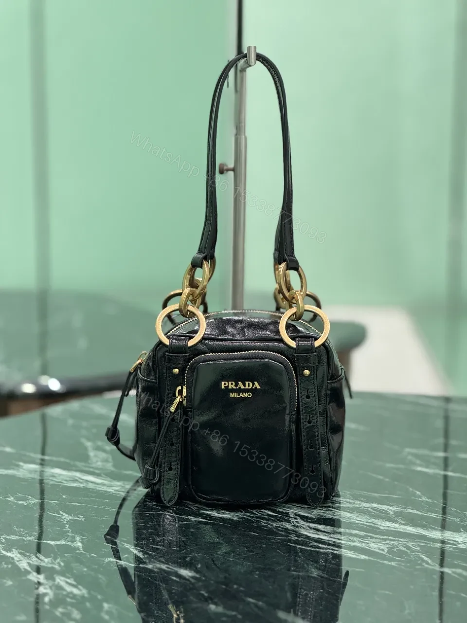 Black Leather Compact Bag with Gold Hardware, Modern Luxe, Everyday Carry — view 1