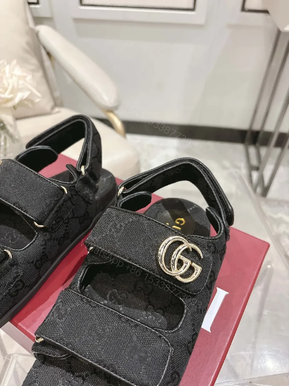 View 6 of Black Textile Sandals with Gold Hardware, Contempo Comfort