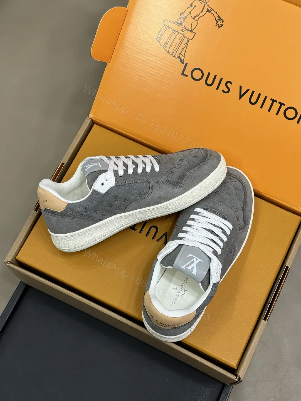 View 5 of Grey Suede Knit Sneakers - Subtle LV Texture, Cushioned Comfort