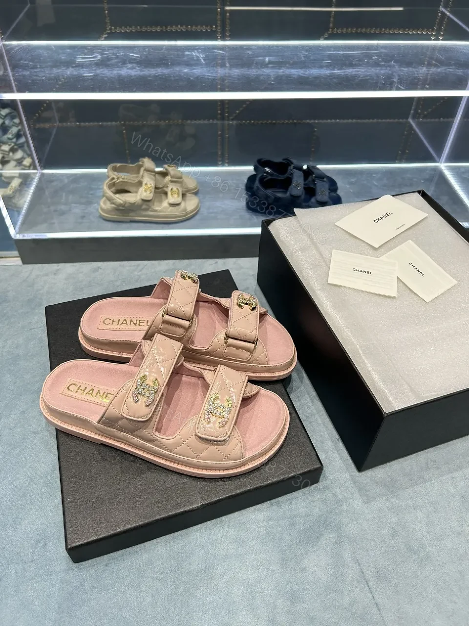 View 4 of Soft Pink Quilted Sandals with Crystal Straps - All-Day Comfort