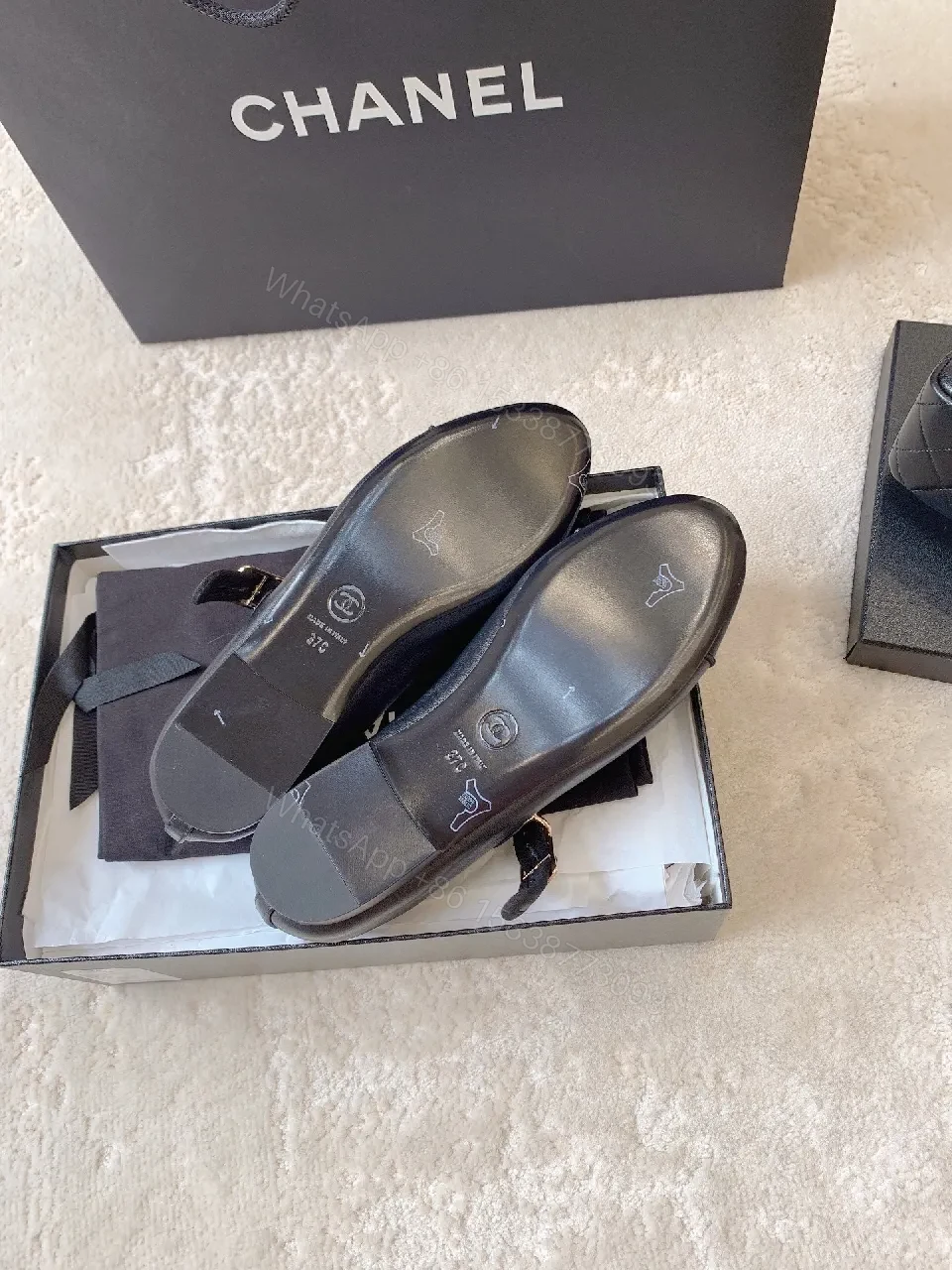 View 3 of Black Leather Mary Jane Flats with Logo Embroidery